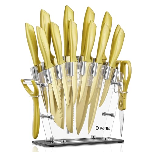 D.Perlla Messerblock, 16-TLG Messer set, Golden Titanbeschichtung Messer mit Acryl Messerhalter, Edelstahl mit hohem Kohlenstoffgehalt, Kein Rost, Super Scharf von D.Perlla