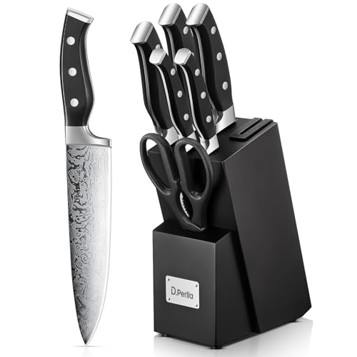 D.Perlla Messerset, 7-TLG Selbstschärfender Messerblock, Scharf Edelstahl Messerset Set mit Kunststoff-Griff und Holzblock, Profi Küchenmesserset, Schwarz von D.Perlla