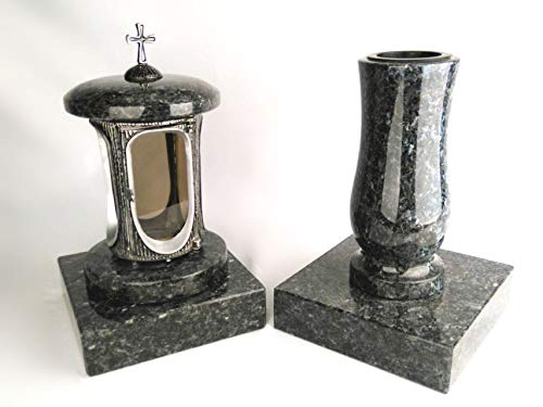 designgrab Alu Grablampe aus Aluminium in Antikoptik mit Kreuz und Grabvase und 2 Stück Sockel eckig in Granit Labrador Blue Pearl BP von D4G Design4Grab