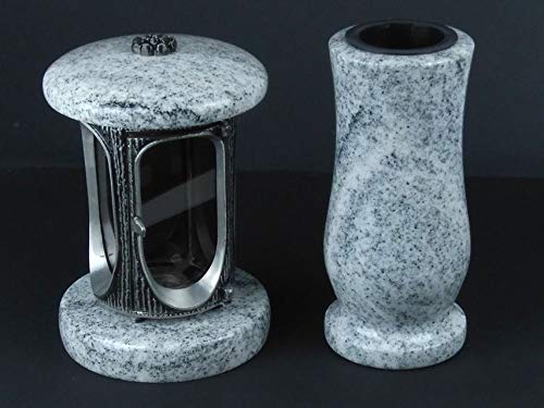 designgrab Alu Grablampe aus Aluminium in Antikoptik und Grabvase in Granit Viscont White von D4G Design4Grab