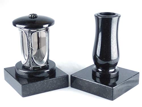 designgrab Alu Grablampe aus Aluminium in Antikoptik und Grabvase und 2 Stück Sockel eckig in Granit Schwedisch Black von D4G Design4Grab