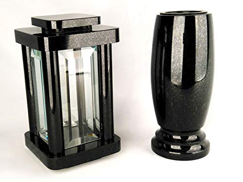 designgrab Modern Grablampe mit Vase Classico-medium aus Granit Schwedisch Black SS1 schwarz, Grabschmuckset von D4G Design4Grab