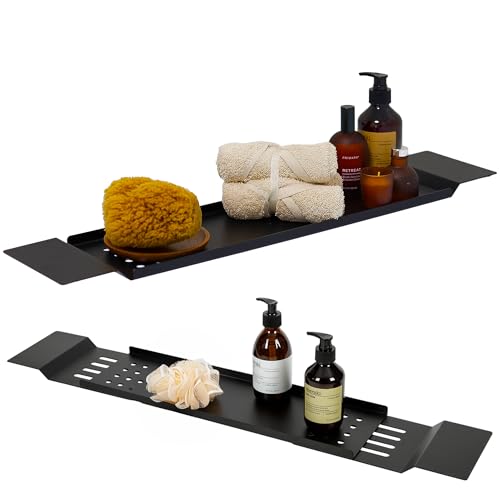 DABSTORY Badewannenablage Edelstahl Verstellbares 70cm - 94cm Einziehbares Badezimmertablett Rechteckiges Aufbewahrungsbox Rechteckigen Tablettbrettern für Kerzen Seife Handtüchern (Schwarz) von DABSTORY