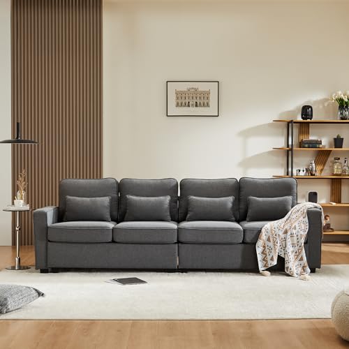 4-Sitzer-Sofa Modernes Leinenstoff mit Armlehnentaschen und 4 Kissen,Sofa im einfachen Stil,geeignet für Wohnzimmer,Wohnung,Büro Dunkelgrau von DACHETOU