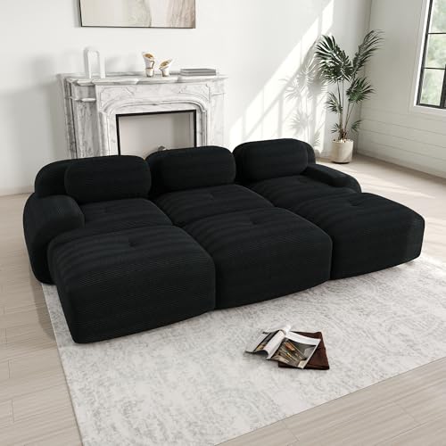 DACHETOU 3-Sitzer-Sofa modulares Cordstoff 3 Hockern montagefreie Lieferung haustierfreundlich Ultra-breite Armlehnen 32D hochelastische Polsterung Wohnzimmer Heimkino Schwarz von DACHETOU