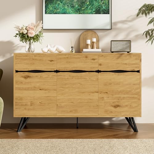 DACHETOU 3-Türiges Sideboard Holzoptik Metallbeinen – Modernes Design Viel Stauraum Stabil Pflegeleicht – Für Wohnzimmer Esszimmer Flur geeignet von DACHETOU