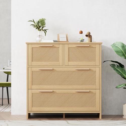 DACHETOU 4-Schubladen-Rattanschrank 80x80x38 cm Hochwertig Mit Massivholzgriffen Geeignet Für Schlafzimmer Wohnzimmer Esszimmer Flur von DACHETOU