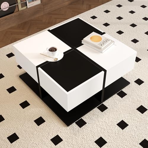 DACHETOU Couchtisch 70×70×35,5 cm Moderner Schwarz Weiß mit 2 Schubladen Quadratischer Wohnzimmertisch mit Stauraum Hochglanz Kaffeetisch mit Sanftem Schubladenschienen von DACHETOU