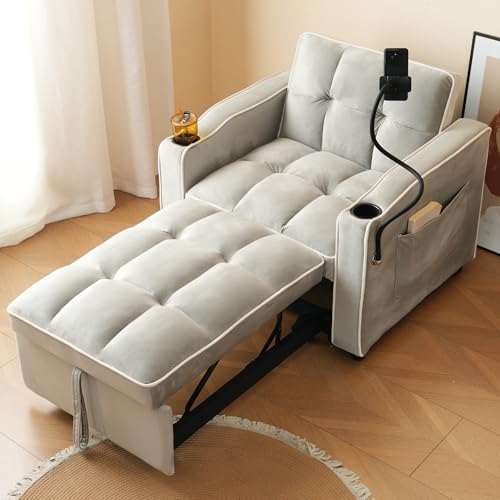 DACHETOU Einzel-Schlafsofa 83x167x76cm 3-in-1 Ausziehbar Mit Getränkehaltern und Handyhalter, Sofa-Liegestuhl, Schlafstuhl, Sessel, perfekt für kleine Räume Antik Grauweiß von DACHETOU
