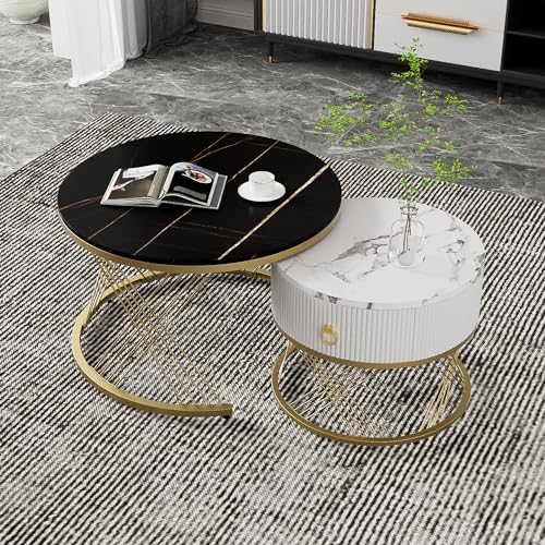 DACHETOU Eleganter zusammensetzbarer Couchtisch: Marmoroptik,Golddekor, mit Schubladen 2er-Set 70x70cm+50x50cm (Schwarz+Gold) von DACHETOU