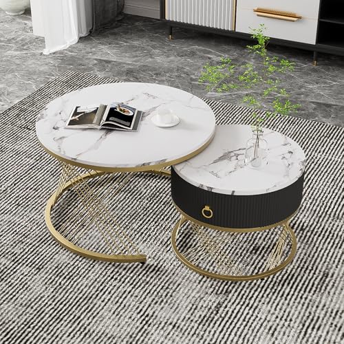 DACHETOU Eleganter zusammensetzbarer Couchtisch: Marmoroptik,Golddekor, mit Schubladen 2er-Set 70x70cm+50x50cm (Weiß+Gold) von DACHETOU