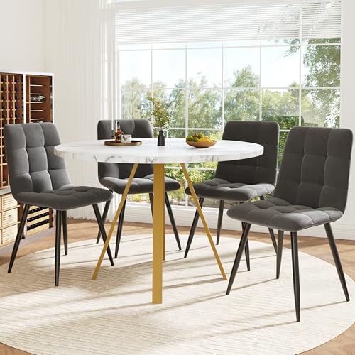 DACHETOU Esstisch-Set 80×80×75cm runder Esstisch inkl. 4 Esszimmerstühle runder Couchtisch für 4 Personen Samtstühle weißem Marmortisch graue Esszimmerstühle von DACHETOU