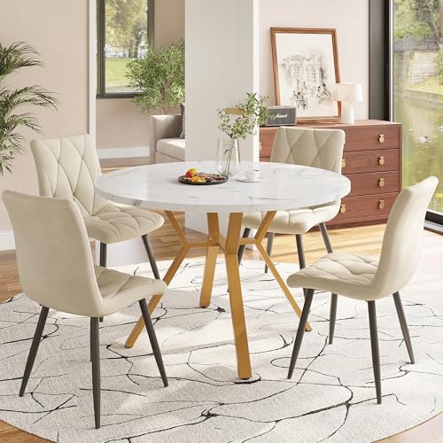 DACHETOU Esstisch-Set Modernes Schlichtes rundes aus Marmor Esstisch- und Stuhlset (5-teiliges Set) Goldene Tischbeine aus Metall 4 Samtstühle Beige Esszimmerstühle von DACHETOU
