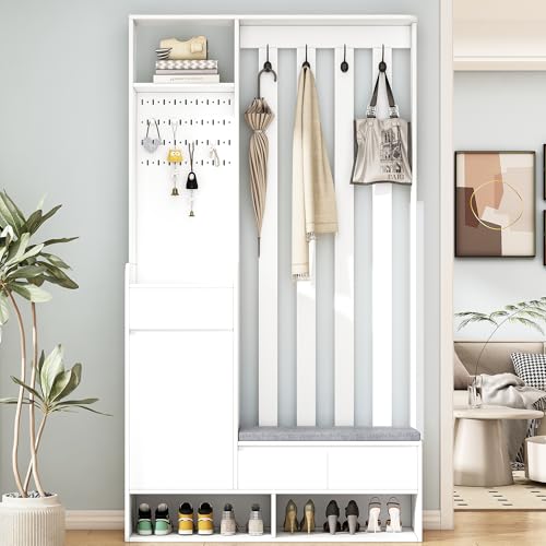 DACHETOU Flurgarderobe H180/B100/T35 cm mit gepolsterter Aufbewahrungsbank,multifunktionaler Flur-Schuhschrank mit Stecktafel,Garderobe mit 4 Haken für Eingangsbereich,Waschküche,Weiß von DACHETOU