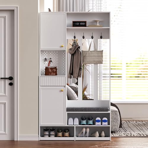 DACHETOU Flurgarderobe Kompaktmaße 100×180×35cm Komplett-Set Garderobenset mit Sitzbank,4 Haken,Türen & Schubladen Weiß von DACHETOU