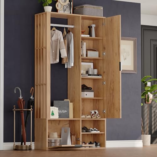 DACHETOU Garderobenschrank 100x190cm mit Flur 6-in-1-Eingangsschrank zum Aufhängen von Mänteln Flurschrank mit Wäscheständer Spiegel Breite Schrank mit unterer Tür Holzfarbe von DACHETOU