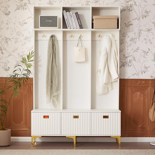 DACHETOU Garderobenset B120/D40/H191.5CM multifunktionale Aufbewahrungsbank offene Aufbewahrung 6 goldene Haken und Füße geeignet für Flur Wohnzimmer Weiß von DACHETOU
