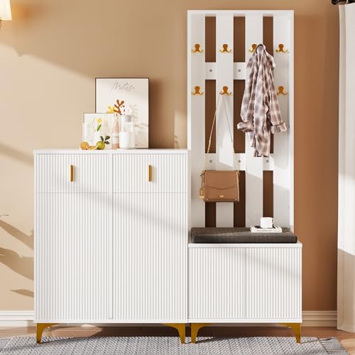 DACHETOU Garderobenset Garderobenfront mit Schuhbank und Kissen Haken Schuhschrank mit Schubladen und Türen von DACHETOU