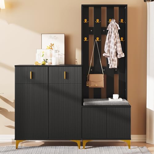 DACHETOU Garderobenset mit Schuhbank und Kissen Garderobenfront mit Haken Schuhschrank mit Schubladen und Türen Schwarz von DACHETOU