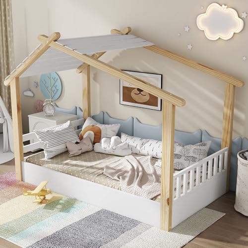 DACHETOU Holzbetten 90x200cm,Kinderbett,Einzelbett,Exquisites Holzhausdesign,Stabile Lattenroste,Schlichtes Design,Kiefer+Spanplatte+MDF,Weiß+Natur DACHETOU Holzbetten 90x200cm,Kinderbett,Einzelbett,Exquisites Holzhausdesign,Stabile Lattenroste,Schlichtes Design,Kiefer+Spanplatte+MDF,Weiß+Natur von DACHETOU