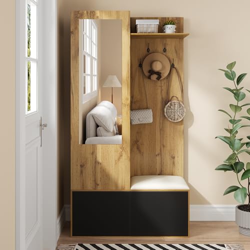 DACHETOU Kleiderschrank Set 5 Kleiderhaken Spiegel Schuhschrank Oberes Regal Verborgener Bereich Garderobenbank Flur von DACHETOU