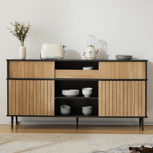 DACHETOU Kommode 160x40x80cm mit 4 Schiebetüren und 1 Schublade, Eiche kombiniert mit Schwarz von DACHETOU