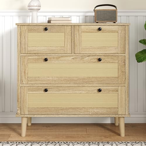 DACHETOU Kommode Vier Schubladen Rattanschubladen Aufbewahrungsschrank Beine aus Massivholz 80x80cm von DACHETOU