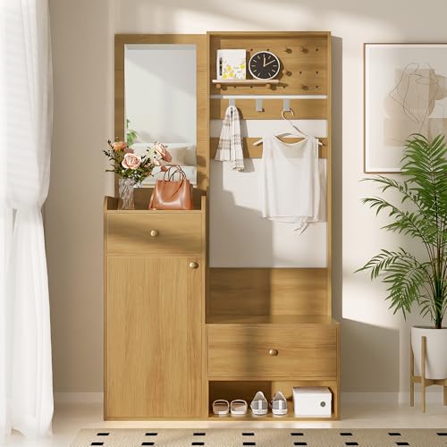 DACHETOU Kompaktgarderobe,Modernes Multifunktionales Eingangsregal –Elegante holzfarbene Aufbewahrung mit Spiegel,Verstellbaren Haken und Geräumigen Regalen für Schuhe 110x180cm (Holzfarben) von DACHETOU
