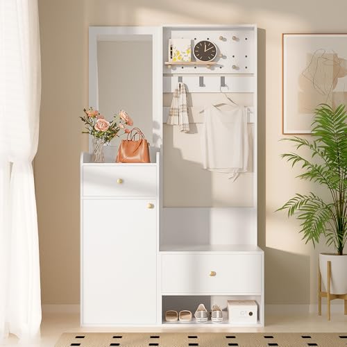 DACHETOU Kompaktgarderobe,Modernes Multifunktionales Eingangsregal –Elegante holzfarbene Aufbewahrung mit Spiegel,Verstellbaren Haken und Geräumigen Regalen für Schuhe 110x180cm (Weiß) von DACHETOU