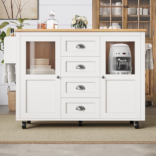 DACHETOU Kücheninsel 120x73(45) x93cm Küchenschrank Buffetschrank ausziehbarer Küchenwagen mit Rollen Handtuchhalter Gewürzregal verstellbaren Einlegeböden Zwei Türen Vier Schubladen weiß/schwarz von DACHETOU