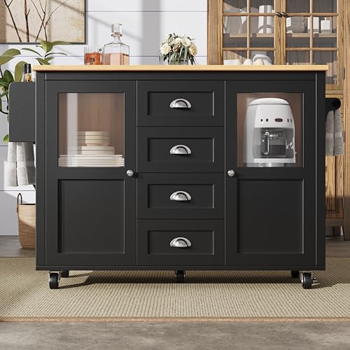 DACHETOU Kücheninsel 120x73(45) x93cm Küchenschrank Buffetschrank ausziehbarer Küchenwagen mit Rollen Handtuchhalter Gewürzregal verstellbaren Einlegeböden Zwei Türen Vier Schubladen weiß/schwarz von DACHETOU