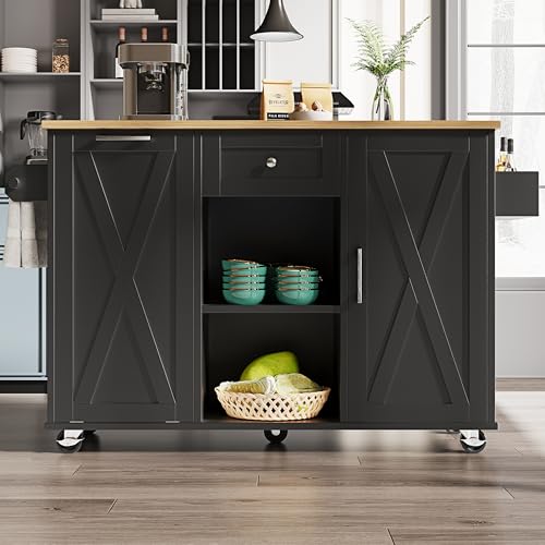 DACHETOU Kücheninsel schwarz, Multifunktionale Esstisch, Küchenschrank für Mülleimer, buffetschrank, Speisewagen mit Snackregalen und Stretchfunktionsschränken von DACHETOU