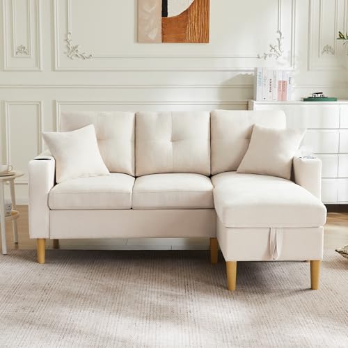 DACHETOU L-förmiges modernes Sofa,3-Sitzer-Sofa mit Chaiselongue,Stauraum,integriertem Getränkehalter,Wird mit 2 Kissen geliefert,geeignet für Wohnzimmer,Büro,Wohnung Beige ﻿ von DACHETOU