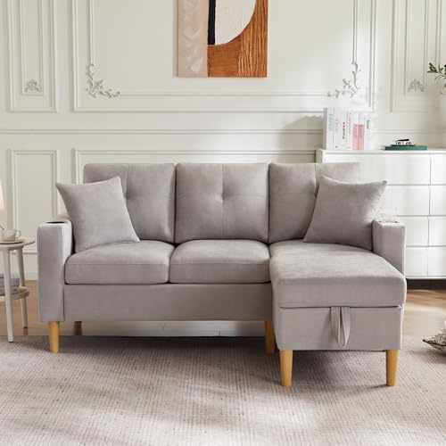 DACHETOU L-förmiges modernes Sofa,3-Sitzer-Sofa mit Chaiselongue,Stauraum,integriertem Getränkehalter,Wird mit 2 Kissen geliefert,geeignet für Wohnzimmer,Büro,Wohnung Hellgrau von DACHETOU