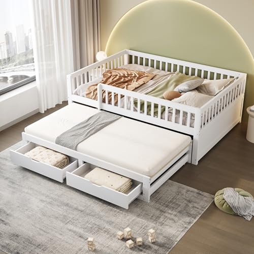 DACHETOU Massivholz-Schlafsofa 140x200cm Vollverkleidetes Sicherheitsgitter Ausziehbares Bett mit 2 Schubladen Lattenrost Kinderbett Jugendbett Gästebett Erwachsene Weiß von DACHETOU