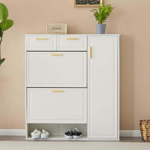 DACHETOU Moderne Schuhschrank B95/D24/H107.5 mit verstellbaren Regalen goldenen Griffen Schubladen Klappschuhschrank Türen weiß DACHETOU Moderne Schuhschrank B95/D24/H107.5 mit verstellbaren Regalen goldenen Griffen Schubladen Klappschuhschrank Türen weiß von DACHETOU