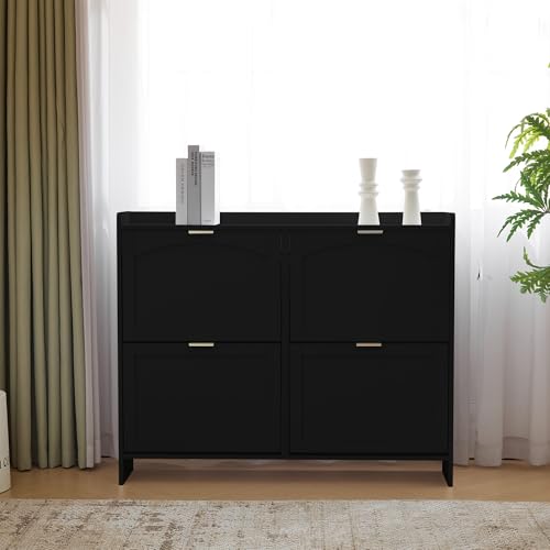DACHETOU Moderner Schuhschrank,mit 4 Klappenfächern,freistehendem Schuhregal,offenen Ablageflächen,geeignet für Eingangsbereich oder Flur,Maße:90x110cm (Schwarz) von DACHETOU