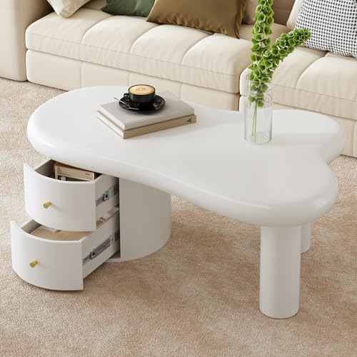 DACHETOU Moderner Weißer Couchtisch mit Unregelmäßiger Form – 2 Schubladen Platzsparend Stilvoll,Perfekt für Wohnzimmer 60x100cm (Weiß) von DACHETOU