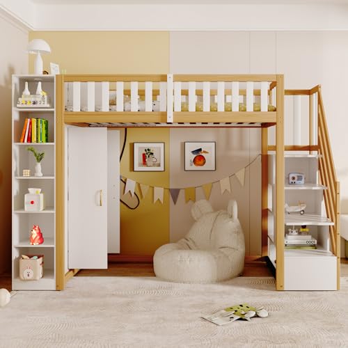 DACHETOU Multifunktionales Hochbett 90x200cm mit Regalen, Stauschrank und großem Kleiderschrank,Sicherheitsleiter mit Ablagefächern,Weiß+Rohholzfarben von DACHETOU