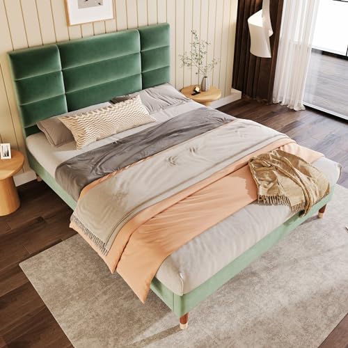 DACHETOU Polsterbett Doppelbett 140x200cm Lattenrost gepolsteres Bettgestell mit Kopfteil in dunkelgrün Samt für Erwachsene&Jugendliche (Mit Matratze) von DACHETOU