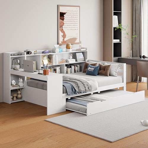 DACHETOU Schlafsofa Massivholz 90x200 cm Mit Schreibtisch Bücherregalen Ablagefächern und Regalen Steckdose Unterbett ausziehbares Bett Multifunktionales Holzbett Weiß von DACHETOU