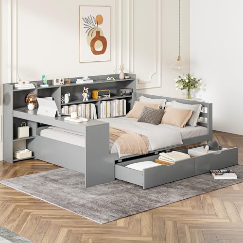 DACHETOU Schlafsofa Massivholzbett 140x200 cm,Mit Schreibtisch Bücherregal Ablagefächern und Regalen,Steckdose,2 großen Ablagefächern,Multifunktionales Doppelholzbett,Grau von DACHETOU