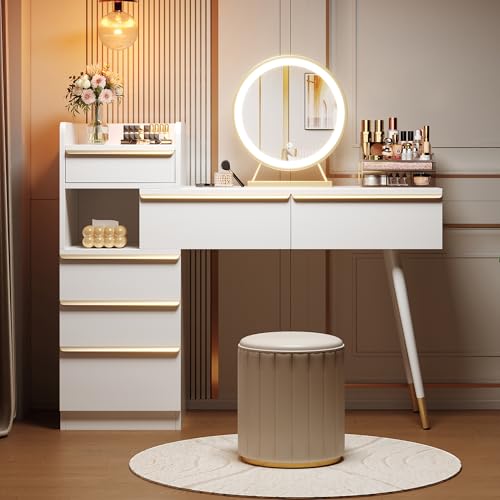 DACHETOU Schminktisch 102x100x41.5cm mit ausziehbarer Tischplatte 6 Schubladen und Goldgriffen Spiegel mit dimmbarem Licht Weiß Maße Hocker Nicht enthalten von DACHETOU