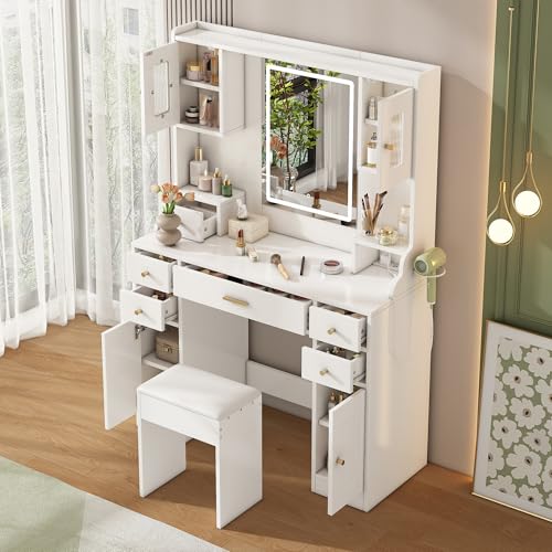 DACHETOU Schminktisch 105×152×40cm mit verstellbaren Steckdosen, mit Spiegel, 6 Schubladen, 4 Türen für Schlafzimmer,Weiß DACHETOU Schminktisch 105×152×40cm mit verstellbaren Steckdosen, mit Spiegel, 6 Schubladen, 4 Türen für Schlafzimmer,Weiß von DACHETOU