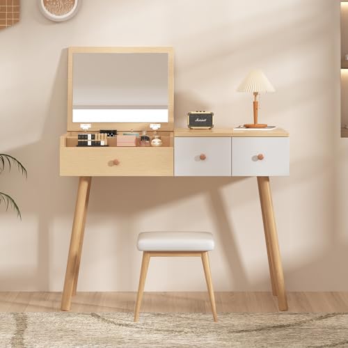 DACHETOU Schminktisch B100/H78/T40 cm Kosmetiktisch Mit Spiegel, aus Holz Mit Schubladen, geteilter Stauraum, große Lagerkapazität DACHETOU Schminktisch B100/H78/T40 cm Kosmetiktisch Mit Spiegel, aus Holz Mit Schubladen, geteilter Stauraum, große Lagerkapazität von DACHETOU