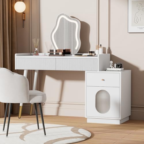 DACHETOU Schminktisch-Set 100x75x40cm Weiß Spiegel, Beleuchtung Schlafzimmer, DREI geräumige Schubladen (ohne Hocker) von DACHETOU