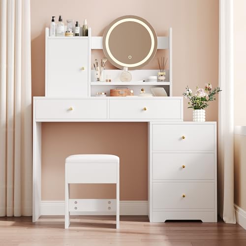 DACHETOU Schminktisch Weiß B90×H132×T40 cm mit dimmbarer (3 Farbtemperaturen), integrierten Steckdosen und Spiegel, inkl. 1 Hocker, 5 Schubladen & 1 Türfach. von DACHETOU