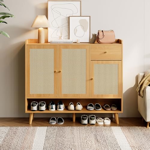 DACHETOU Schuhschrank Rattan 110x120cm,Schuhregal mit 3 Türen,1 Schublade,5 Regalböden,Metallgriff, Massivholzbeinen für Flur DACHETOU Schuhschrank Rattan 110x120cm,Schuhregal mit 3 Türen,1 Schublade,5 Regalböden,Metallgriff, Massivholzbeinen für Flur von DACHETOU