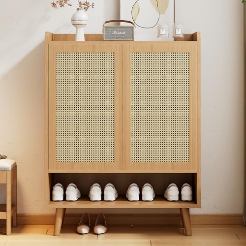 DACHETOU Schuhschrank Rattan 80x110cm, Schuhkommode mit 2 Türen und 5 Regalböden,für Flur,mit Holzgriffen,Massivholzbeinen von DACHETOU