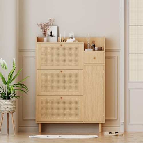 DACHETOU Schuhschrank aus Holzwerkstoff und Rattan 90x130cm,Geeignet für Enge Eingänge,3 Kipp-Türen und 1 Schublade,mit Massivholzbeinen und Griffen DACHETOU Schuhschrank aus Holzwerkstoff und Rattan 90x130cm,Geeignet für Enge Eingänge,3 Kipp-Türen und 1 Schublade,mit Massivholzbeinen und Griffen von DACHETOU